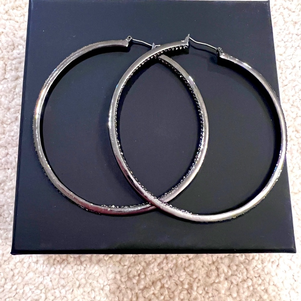 Extra Large Dark Silver Rhinestone Hoop Earrings